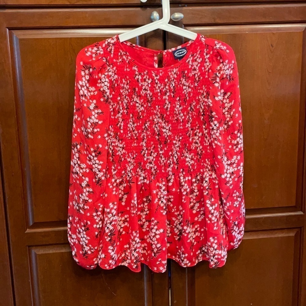 Scoop Red Floral Rouched Flowy Long Sleeve Shirt